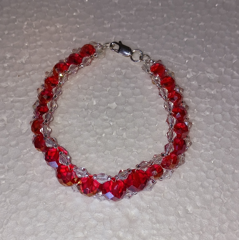 New, 8" Bracelet of red & clear glass crystals and silver clasp